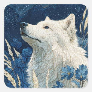 Witte Wolf met Blauwe Bloemen en Sterrennacht Vierkante Sticker