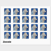 Witte wolf met blauwe bloemmotief kunstbontpatroon vierkante sticker (Vel)