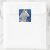 Witte wolf met blauwe bloemmotief kunstbontpatroon vierkante sticker (Tas)