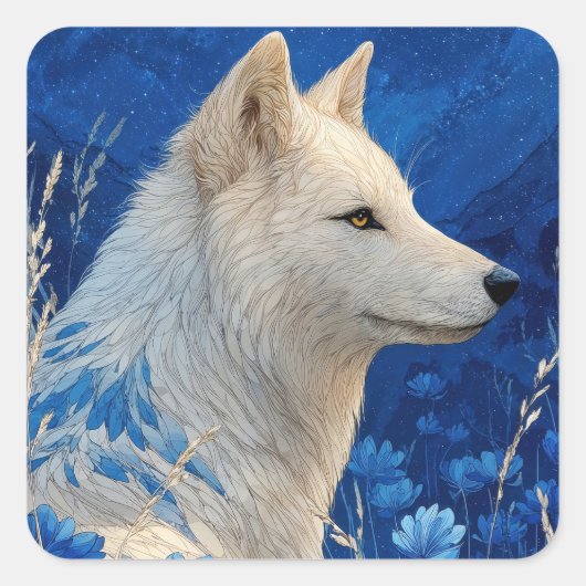Witte wolf met blauwe bloemmotief kunstbontpatroon vierkante sticker (Voorkant)