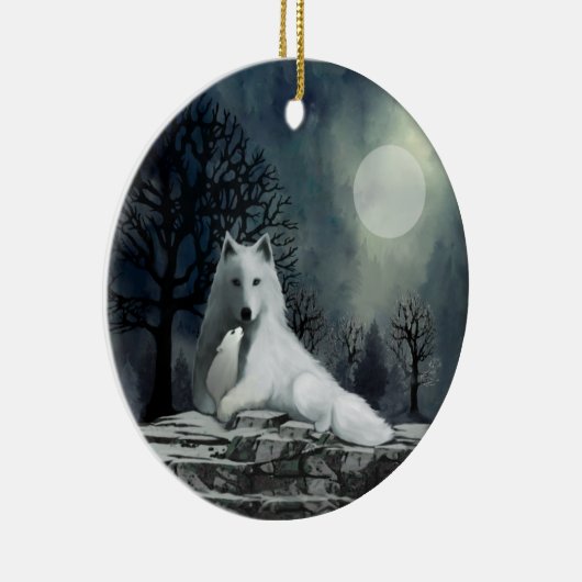 Witte Wolf met Pup Ornament (Rechts)