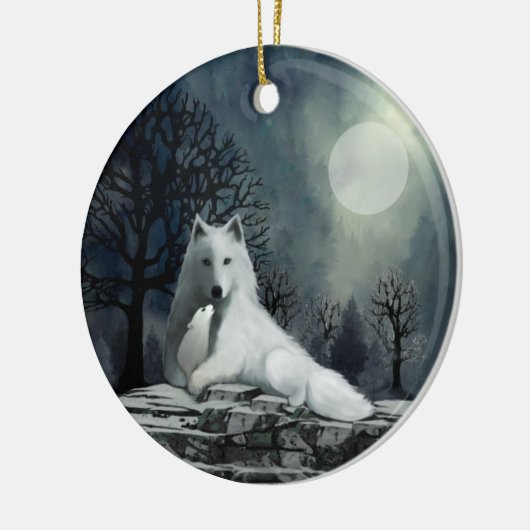 Witte Wolf met Pup Ornament (Links)