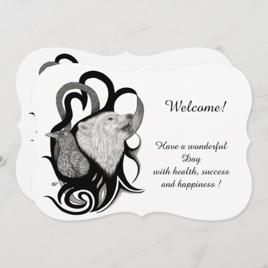 Witte wolf met Raven, Jouw tekst toevoegen Kaart (Voorkant / Achterkant)