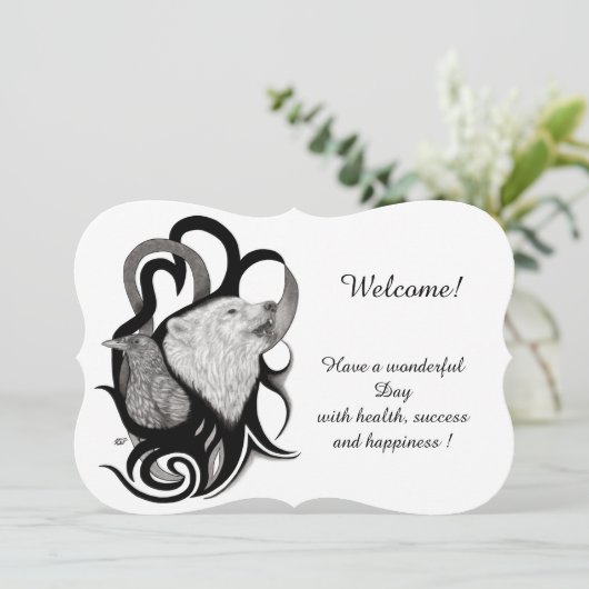 Witte wolf met Raven, Jouw tekst toevoegen Kaart (Staand voorkant)