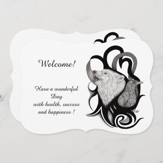 Witte Wolf met Raven, voeg Jouw tekst uitnodiging (Voorkant / Achterkant)