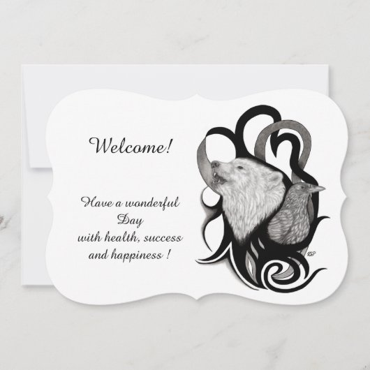 Witte Wolf met Raven, voeg Jouw tekst uitnodiging (Voorkant)