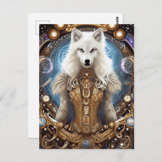 Witte wolf met rotsachtige steampunk briefkaart (Voorkant / Achterkant)