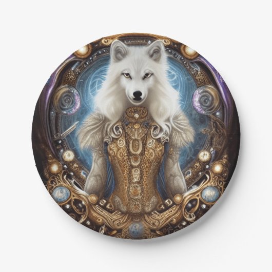 Witte wolf met rotsachtige steampunk papieren bordje (Voorkant)