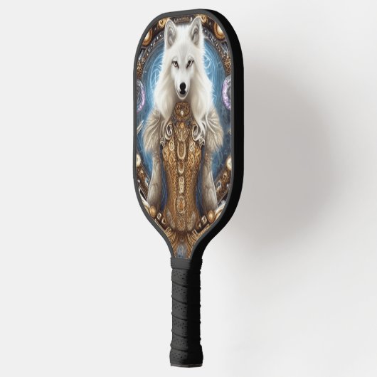 Witte wolf met rotsachtige steampunk pickleball paddle (Links)