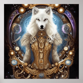 Witte wolf met rotsachtige steampunk poster