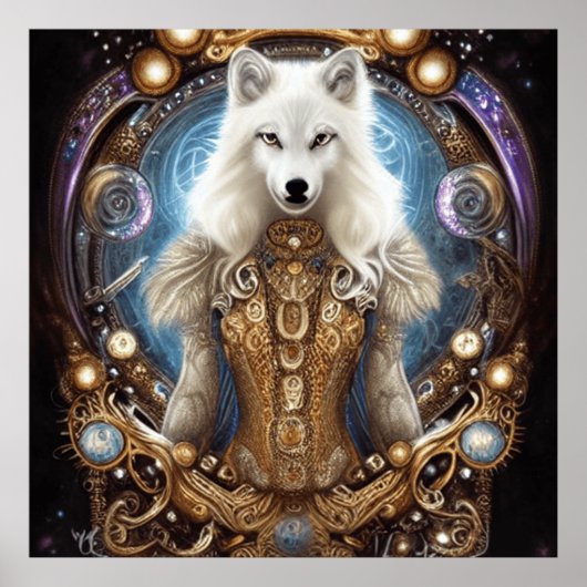 Witte wolf met rotsachtige steampunk poster (Voorkant)
