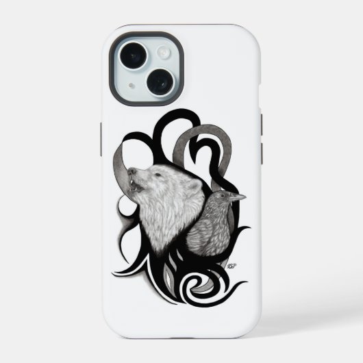 Witte Wolf met stamkunst van Raven iPhone 15 Case (Achterkant)