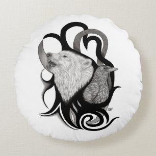 Witte Wolf met stamkunst van Raven Rond Kussen