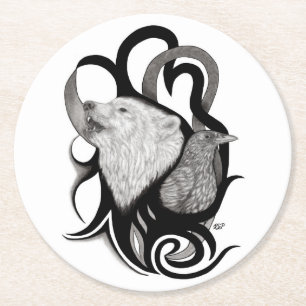 Witte Wolf met stamkunst van Raven Ronde Kartonnen Onderzetter