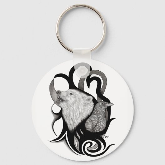 Witte Wolf met stamkunst van Raven Sleutelhanger (Voorkant)