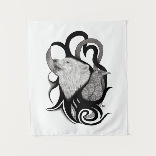 Witte Wolf met stamkunst van Raven Wandkleed (Voorkant)