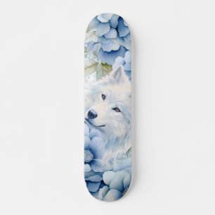 Witte Wolf Pastelblauwe Waterverf Bloemen Persoonlijk Skateboard