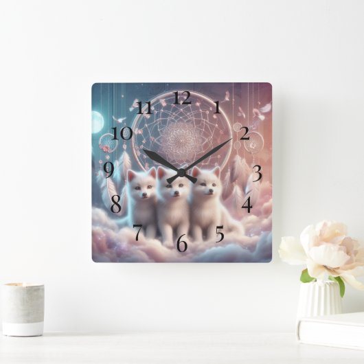 Witte Wolf Pups en Dreamcatcher Vierkante Klok (Huis)