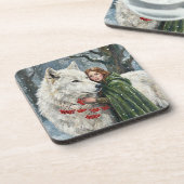 Witte Wolf Roodharige Druïde Winterbessen Fantasie Bier Onderzetter (Linkerzijde)