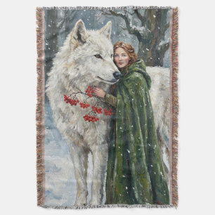 Witte Wolf Roodharige Druïde Winterbessen Fantasie Deken