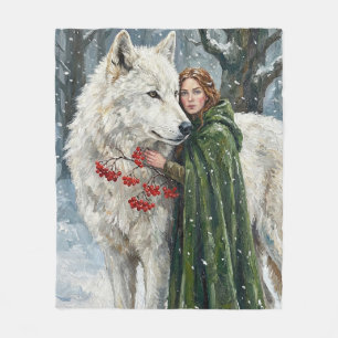 Witte Wolf Roodharige Druïde Winterbessen Fantasie Fleece Deken