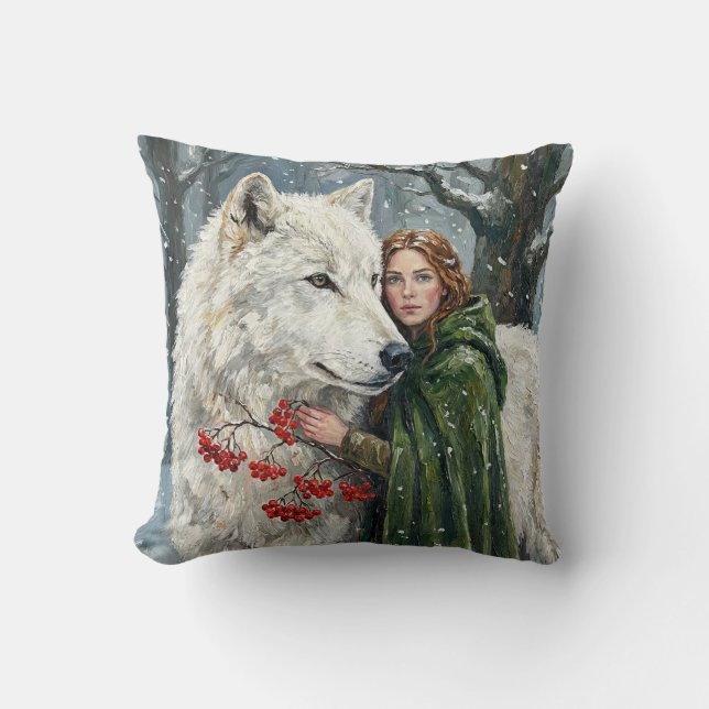 Witte Wolf Roodharige Druïde Winterbessen Fantasie Kussen (Voorkant)