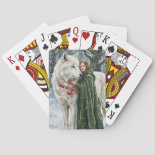 Witte Wolf Roodharige Druïde Winterbessen Fantasie Pokerkaarten