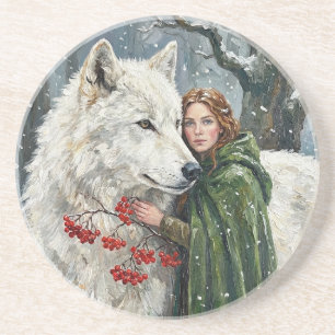 Witte Wolf Roodharige Druïde Winterbessen Fantasie Zandsteen Onderzetter