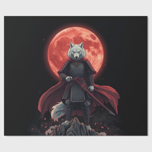 Witte Wolf Samurai Onder de Robijnrode Maan Cadeaupapier (Vlak)