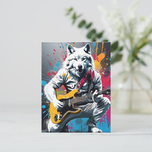 Witte wolf speelt gitaar, graffiti briefkaart (Staand voorkant)