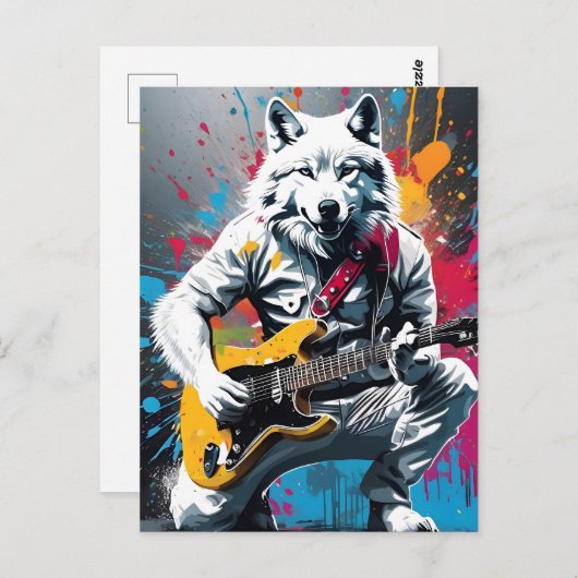 Witte wolf speelt gitaar, graffiti briefkaart (Voorkant / Achterkant)