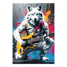 Witte wolf speelt gitaar, graffiti