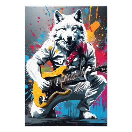 Witte wolf speelt gitaar, graffiti foto afdruk