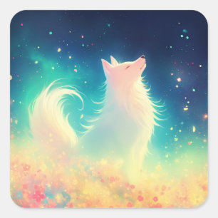 Witte wolf staand in levendige kleurrijke wilde bl vierkante sticker