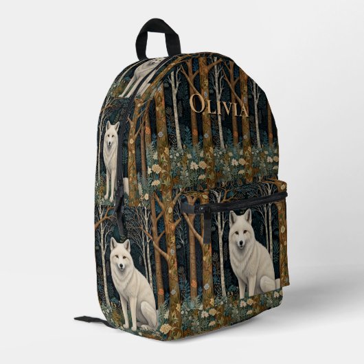 Witte wolf vintage boho bos boslandschap bedrukte rugzak (Achterkant Hoek Links)