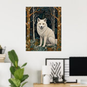 Witte wolf vintage boho bos boslandschap poster (Thuiskantoor)