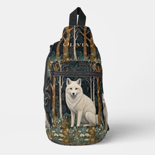 Witte wolf vintage boho bos boslandschap sling bag (Voorkant)