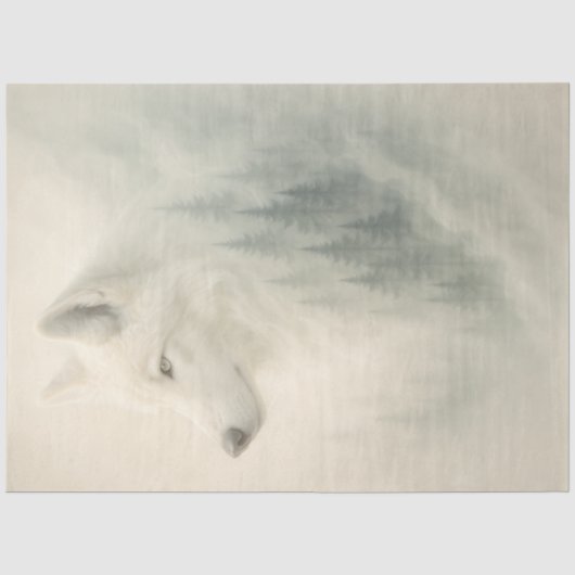Witte wolfportret met bosoverlay decoupage tissuepapier (Voorkant)