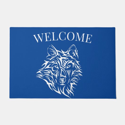 Witte wolfskop op blauw deurmat (Voorkant)