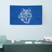 Witte wolfskop op blauw spandoek (Beurs)