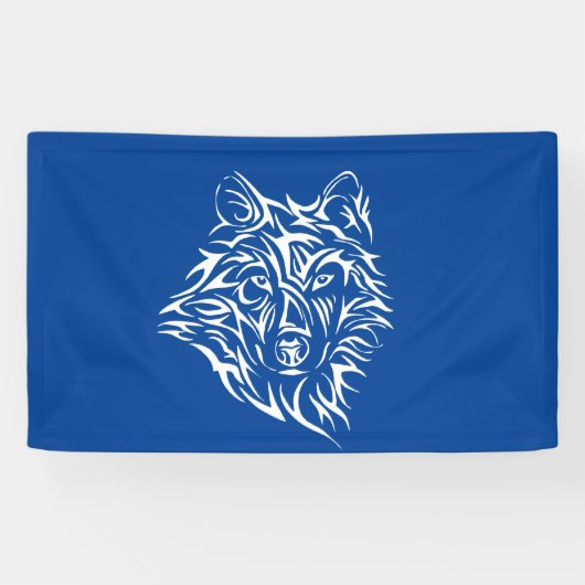 Witte wolfskop op blauw spandoek (Horizontaal)