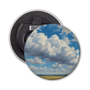 Witte wolken en heldere blauwe lucht button flesopener