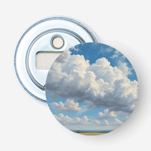 Witte wolken en heldere blauwe lucht button flesopener (Voorkant)