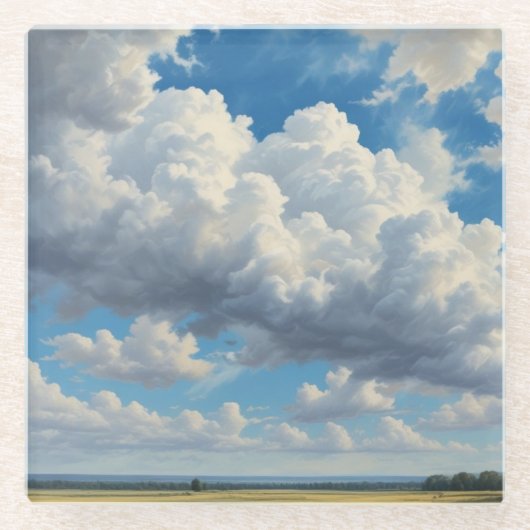 Witte wolken en heldere blauwe lucht glazen onderzetter (Voorkant)