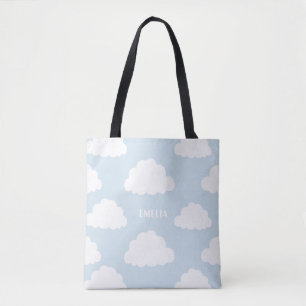 Witte Wolken Patroon Gepersonaliseerde Lichtblauwe Tote Bag