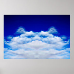 Witte wolkengezicht tegen een blauw poster