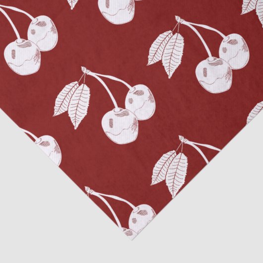 Witte Woodcut Cherry Design op Donkerrood Tissuepapier (Detail)