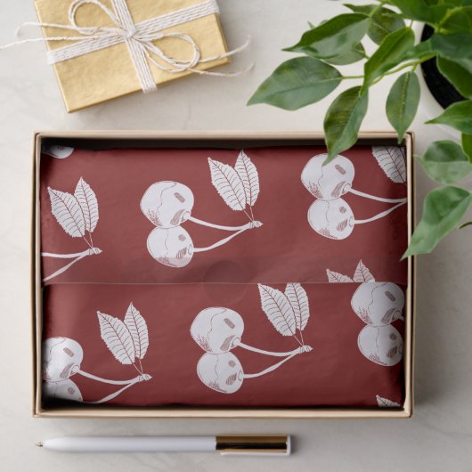 Witte Woodcut Cherry Design op Donkerrood Tissuepapier (Geschenk)