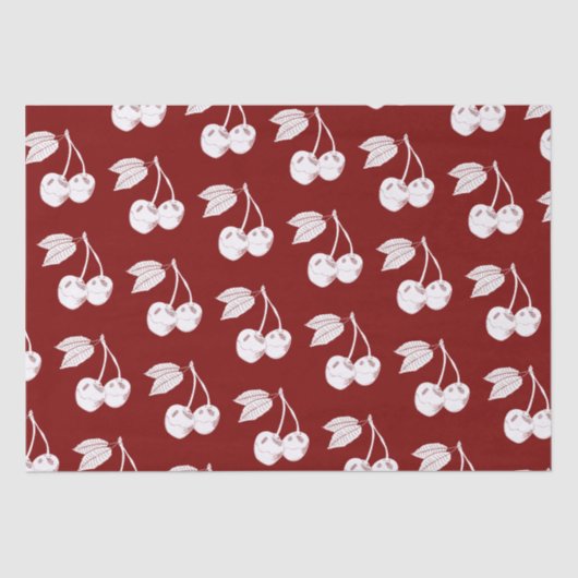 Witte Woodcut Cherry Design op Donkerrood Tissuepapier (Voorkant)