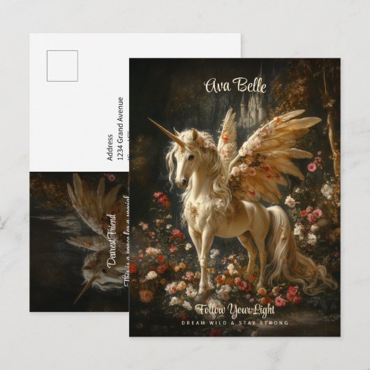 Witte Woud Eenhoorn Bloemen Pegasus Aanmoediging Briefkaart (Voorkant / Achterkant)